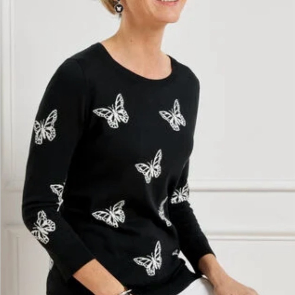 Talbots Black Knit Sweater with Butterfly Pattern size M